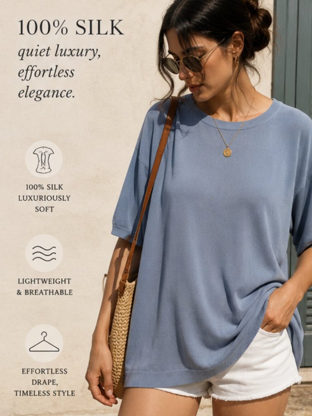 100% Silk Knit Top L Dusty Blue Oversized Luxury Minimalist Coastal Anthology